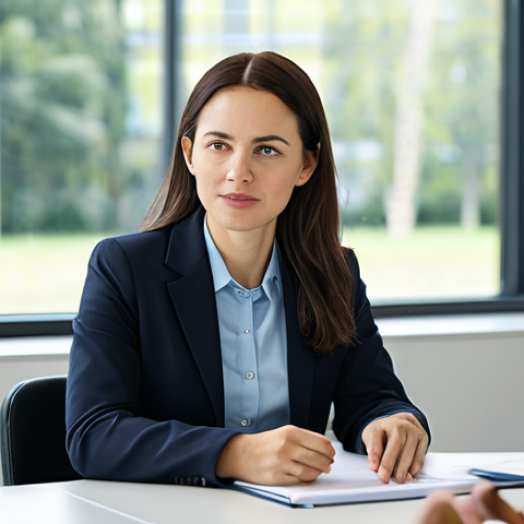 A confident professional woman, fully clothed in a modest, contemporary business suit, is engaged in a thoughtful discussion. She is seated at a polished conference table in a modern, well-lit meeting room, surrounded by diverse colleagues, all in appropriate professional dress. Soft light filters in from large windows, creating a welcoming atmosphere. She maintains eye contact, actively listening with an empathetic and open expression, demonstrating deep engagement with the feedback being shared. Her posture is natural, conveying attentiveness and a willingness to understand. High-resolution, professional photography, perfect anatomy, correct proportions, natural pose, well-formed hands, proper finger count, natural body proportions, safe for work, appropriate content, fully clothed, professional.