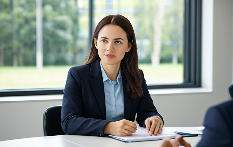 A confident professional woman, fully clothed in a modest, contemporary business suit, is engaged in a thoughtful discussion. She is seated at a polished conference table in a modern, well-lit meeting room, surrounded by diverse colleagues, all in appropriate professional dress. Soft light filters in from large windows, creating a welcoming atmosphere. She maintains eye contact, actively listening with an empathetic and open expression, demonstrating deep engagement with the feedback being shared. Her posture is natural, conveying attentiveness and a willingness to understand. High-resolution, professional photography, perfect anatomy, correct proportions, natural pose, well-formed hands, proper finger count, natural body proportions, safe for work, appropriate content, fully clothed, professional.