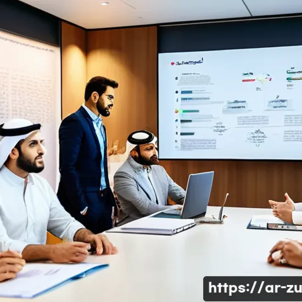 실무에서 피드백 수용력 키우는 법 - A professional Middle Eastern office scene showing a diverse group of Arabic-speaking colleagues eng...