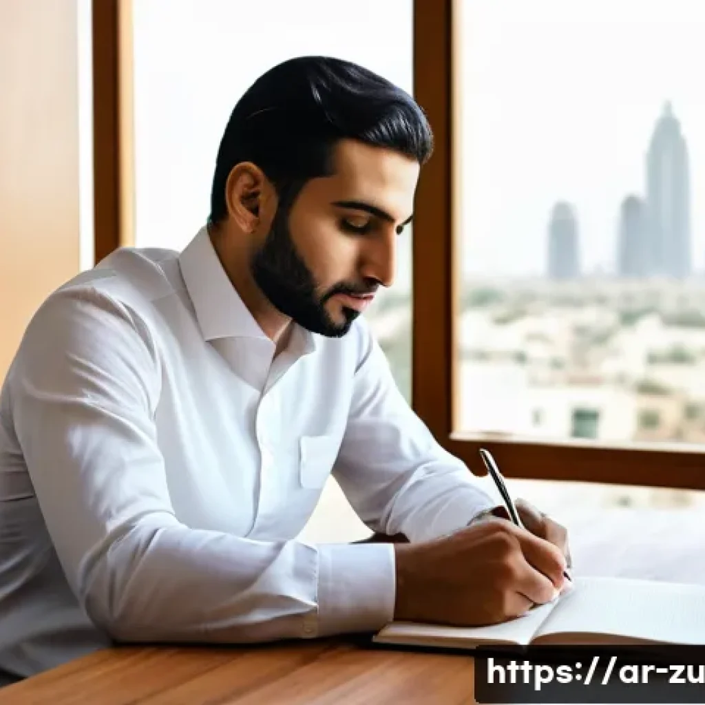 효과적인 피드백 수용을 위한 목표 설정 - A professional Middle Eastern man in his early 30s sitting at a modern office desk, thoughtfully wri...