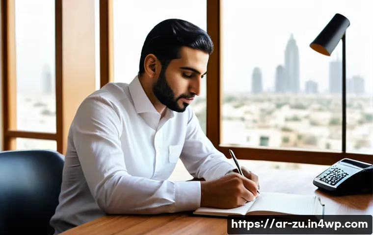 효과적인 피드백 수용을 위한 목표 설정 - A professional Middle Eastern man in his early 30s sitting at a modern office desk, thoughtfully wri...