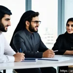 Home 23 효과적인 피드백 확인 방법 - A modern office scene featuring a diverse group of Arab professionals engaged in a constructive feed...