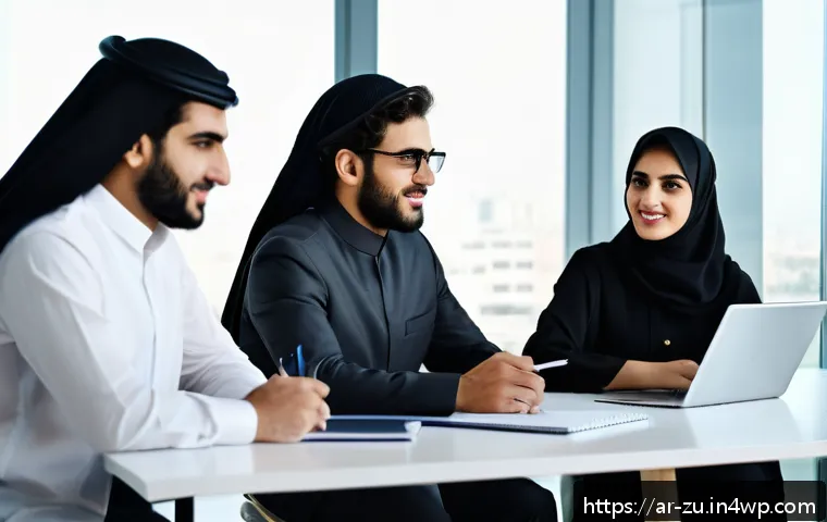 효과적인 피드백 확인 방법 - A modern office scene featuring a diverse group of Arab professionals engaged in a constructive feed...