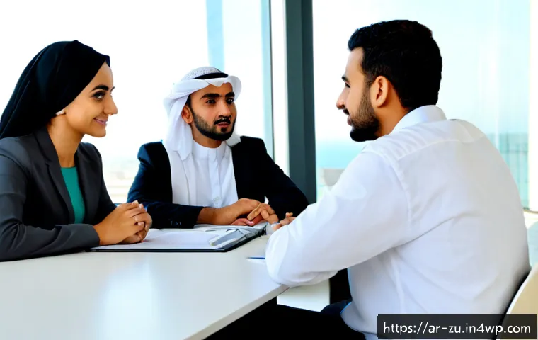 피드백을 통한 팀워크 강화 방법 - Photorealistic modern Gulf Arab workplace, diverse Arab team seated around a clean conference table ...